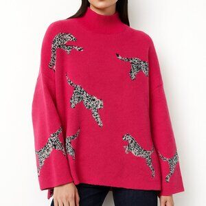 Bright Pink Turtleneck Sweater with Snow Leopard Pattern Large